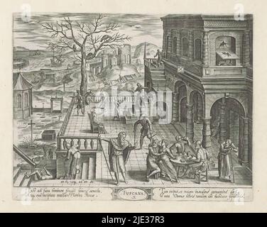 Age from 64 to 80; the Tuscan order, an 64 usque ad an 80 / 5. Tuscana (title on object), Six ages of man / six orders of construction (series title), Theatrum Vitæ Humanæ (series title), Old men walk around the terrace of a dilapidated house, built in the Tuscan order. The window of the house on the upper right is broken. On the terrace, several men sit around a table, one of them with a younger woman on his lap. Another is wearing glasses. Behind them a man with an amputated lower leg. The stairs from the terrace lead to a cemetery. In the margin a four-line text in two columns, in Latin. Th Stock Photo