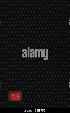 Red rectangle rocker power switch in on position, black abstract dot texture frame pattern, natural blank empty copy space background, mains supply Stock Photo
