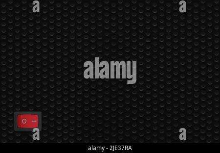 Red rectangle rocker power switch in on position, black abstract dot texture frame pattern, natural blank empty copy space background, mains supply Stock Photo