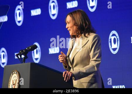 Chicago, Illinois, USA. 24th June, 2022. June 26, 2022, Plainfield, IL, USA: Vice President of the United States Kamala Harris delivers remarks on the overturning of Roe V. Wade. which is a landmark decision handed down in 1973 by the United States Supreme Court on the question of the constitutionality of laws that criminalized or restricted access to abortions. (Foto: Kyle Mazza/TheNews2/Zumapress) (Credit Image: © Kyle Mazza/TheNEWS2 via ZUMA Press Wire) Stock Photo