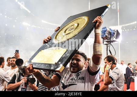 Mohamed HAOUAS of Montpellier celebrates the victory with the trophy during the French championship Top 14, Final rugby union match between Castres Olympique and Montpellier Herault Rugby on June 24, 2022 at Stade de France in Saint-Denis near Paris, France - Photo Matthieu Mirville / DPPI Stock Photo