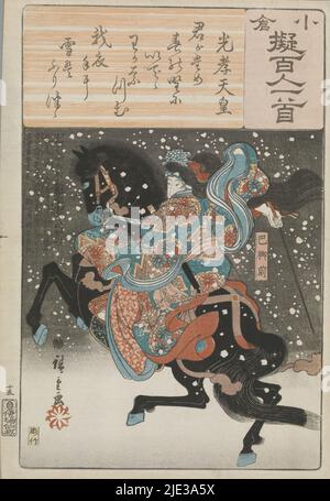 Emperor Kôkô, Ogura Imitation of the One Hundred Poems (series title), Tomoe Gozen, fighting the enemy, lets her horse gallop in the snow. Scene from a kabuki play. Poem by Emperor Kôkô., print maker: Hiroshige (I) , Utagawa, (mentioned on object), Yokogawa Takejiro, (mentioned on object), publisher: Ibaya Senzaburô, (mentioned on object), Japan, 1845 - 1846, paper, color woodcut Stock Photo