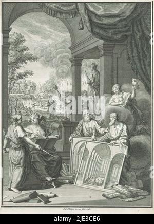 Allegorical scene with History and men with images of (church) interiors, History writing in an open book and looking towards the woman with scepter next to her. The woman points to images of groups in (church) interiors held by two men. Behind the men, a woman with a bird on her hand sits on clouds. In the background, a woman and a man holding a hammer stand near a statue of Juno with peacock. Further in the background, people (presumably Christians) are being hanged and burned., print maker: Jan Caspar Philips, (mentioned on object), after own design by: Jan Caspar Philips, (mentioned on obj Stock Photo