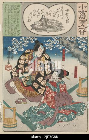 Ogura Imitation of the One Hundred Poems (series title), Yadahei and the courtesan Kokonoe under a flowering cherry tree. Scene from a kabuki play. Poem by Ise no Tayû., print maker: Utagawa Kuniyoshi, (mentioned on object), publisher: Ibaya Senzaburô, (mentioned on object), Japan, 1846, paper, color woodcut Stock Photo