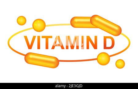 Vitamin D medical pill capsule. Diet food supplement. Cholecalciferol tablet. D3 chemical multivitamin pharmacy medicament. Healthcare product. Vector Stock Vector