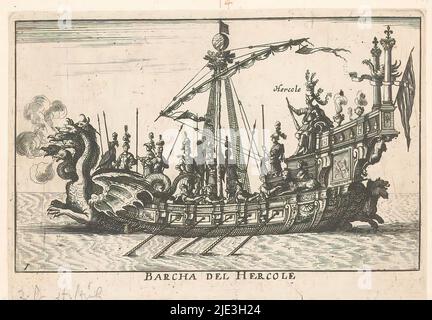 Ship with Hercules, Barcha del Hercole (title on object), Argonauts ships for battle on the Arno during the wedding feast of Cosimo II de' Medici at Florence in 1608 (series title), Le Magnifique Carousel fait sur le fleuve de l'Arne à Florence pour le mariage du grand Duc (series title), A ship with a multi-headed dragon as bow, on the stern is Hercules., print maker: anonymous, after print by: Remigio Cantagallina, after design by: Giulio Parigi, Paris, 1624 - 1631, paper, etching, height 92 mm, width 131 mm Stock Photo