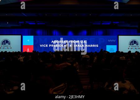 Chicago, USA. 24th June, 2022. The stage at the National Association of Latino Elected and Appointed Officials 39th Annual Conference on Friday June 24, 2022 in Chicago, IL. (Photo by Christopher Dilts/Sipa USA) Credit: Sipa USA/Alamy Live News Stock Photo
