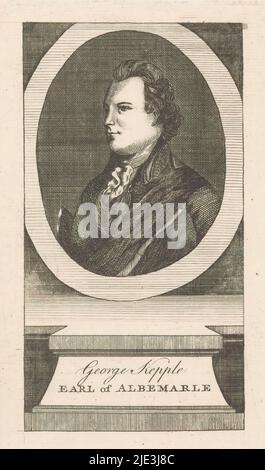 Portrait of George Keppel, Earl of Albemarle, Portrait of George Keppel in an oval frame. In a frame his name and title., print maker: anonymous, 1750 - 1849, paper, engraving, height 204 mm × width 109 mm Stock Photo