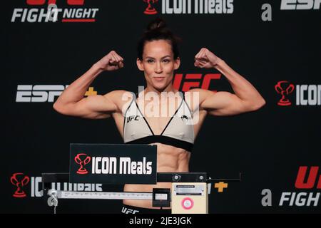 June 24, 2022: LAS VEGAS, NV - JUNE 24: Jinh Yu Frey poses on the scale during the UFC Vegas 57: Weigh-in at UFC Apex on June 24, 2022, in Las Vegas, Nevada, United States. (Credit Image: © Diego Ribas/PX Imagens via ZUMA Press Wire) Stock Photo
