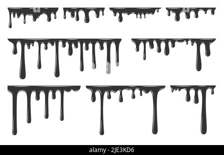 Dripping frame melty liquid drop current black set. Creamy smooth texture juice honey yogurt chocolate flow poison soft sweet dessert graffiti drop paint icon design frame border cartoon isolated Stock Vector