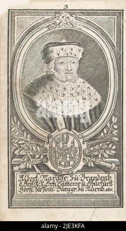 Portrait of Albrecht III Achilles, elector of Brandenburg, Middle below his coat of arms. Top center: 3., print maker: anonymous, 1600 - 1699, paper, engraving, height 100 mm × width 60 mm Stock Photo