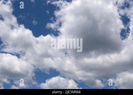 Beautiful fluffy white clouds floating in the blue sky on summer morning in nature. Natural background concept. Close up Stock Photo