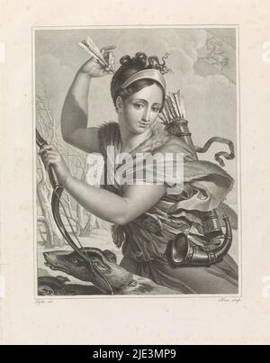 Frimaire (November 21 - December 20), The Twelve Months of the French Republican Calendar (series title), Les Mois républicains (series title), Personification of Frimaire or Mature Month (Sagittarius, November 21 - December 20) as a hunting woman with bow and dog, grabbing an arrow from her quiver., print maker: Salvatore Tresca, (mentioned on object), after drawing by: Louis Lafitte, (mentioned on object), Paris, 1792 - 1794, paper, engraving, etching, height 349 mm × width 268 mm Stock Photo