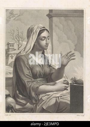 Nivôse (December 21 - January 20), The Twelve Months of the French Republican Calendar (series title), Les Mois républicains (series title), Personification of Nivôse or Snow Month (Capricorn, December 21 - January 20) as a seated woman with spider skirt warming herself by a stove., print maker: Salvatore Tresca, (mentioned on object), after drawing by: Louis Lafitte, (mentioned on object), Paris, 1792 - 1794, paper, engraving, etching, height 348 mm × width 268 mm Stock Photo