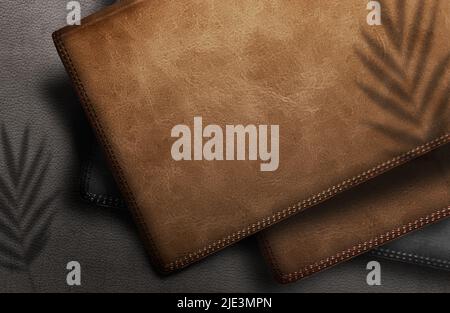 Logo mockup on leather brown wallet On a brown background with shadows Stock Photo