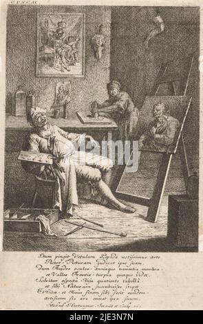 Painter in his studio, A painter in his studio, as Zeuxis smiles in front of a painting of an old woman. In the background, an apprentice rubs pigment. Below, an eight-line verse in Latin., print maker: Michael Hartwagner, (mentioned on object), after own design by: Michael Hartwagner, (mentioned on object), Jozef II (Duits keizer), (mentioned on object), Germany, 1769, paper, etching, height 227 mm × width 153 mm Stock Photo