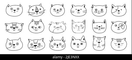 Cat head emotion sketch character set. Cute smiling kitten kawaii outline faces symbol. Cats funny childish baby doodle flat sticker. Isolated scrapbook clipart print template for card, poster, cover Stock Vector