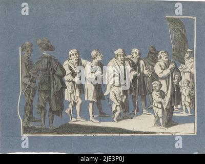 Fragment of a collage of cut-out prints, pasted on blue paper, Parade of blind people preceded by a man holding a banner. Fragment of a collage of cut-out prints, pasted on blue paper., print maker: diverse vervaardigers, c. 1680 - c. 1720, paper, etching, snipping, height 100 mm × width 135 mm Stock Photo