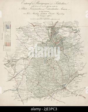 Map showing the positions of Allied and French troops, 1809, Entwurf der Bewegungen und Schlachten welche den 19. 20. 21. 22. und 23. April 1809 zwischen den Alliirt: Französischen und Oestreichischen Armeen (title on object), Map of the area in Bavaria between Regensburg, Landshut and Ingolstadt showing in colors the positions of Allied and French troops, in the days 19-22 April, prior to the battle of Ratisbon (Regensburg) on 23 1809. On the reverse a pasted-on 'Bemerkung'., print maker: anonymous, 1809 - 1875, paper, etching, engraving, height 510 mm × width 420 mm Stock Photo