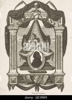 Allegorical composition on the death of preacher Hermanus Johannes Krom, with his silhouetted portrait in the center Above the portrait a weeping child and on the two columns a pediment with the name of the deceased, three coats of arms and a skull with two scythes Below the portrait, a shelf is depicted with books and writing utensils, such as a quill and an inkwell, Allegorical composition on the death of pastor Hermanus Johannes Krom, print maker: George Kockers, (mentioned on object), Middelburg, 1805, paper, etching, h 179 mm × w 131 mm Stock Photo