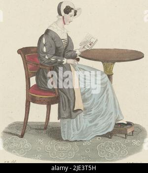 A woman in blue-gray gown with matching headdress holds a book in her hand Under the table her feet rest on a footstool, Reading Woman in House Dress Hollandsche Klederdragt, print maker: Carl Cristiaan Fuchs, (mentioned on object), intermediary draughtsman: Monogrammist FD (inventor del.), (mentioned on object), unknown, 1802 - 1855, paper, etching, h 219 mm × w 140 mm