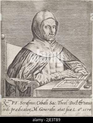 Portrait of the theologian Serafinus Caballi, at the age of 50 He is seated at a table, writing in a book which also contains an image of the crucified Christ In the margin a two-line caption in Latin, Portrait of Serafinus Caballi, print maker: Paulus van Wtewael, (mentioned on object), Northern Netherlands, 1574, paper, engraving, h 130 mm × w 102 mm Stock Photo