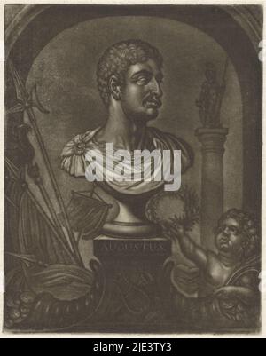 A putto with a laurel wreath and money points to a bust of Emperor Augustus Next to the bust are the horn of plenty and weapons In the background classical column, Bust of Emperor Augustus, print maker: Pieter Anthony Wakkerdak, Rotterdam, 1740 - 1774, paper, h 242 mm × w 189 mm Stock Photo