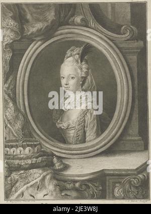 Portrait in oval of Marie-Antoinette, Archduchess of Austria, at half-length to the left The hair is done up with a string of pearls and feather To the left in front of the portrait is a crown on a cushion, Portrait of Marie-Antoinette, Archduchess of Austria Maria Antonia Archidux Austriae, print maker: Christian Friedrich Fritzsch, (mentioned on object), after: Franz Xaver Wagenschön, (mentioned on object), 1770 - 1774, paper, etching, engraving, h 290 mm × w 199 mm Stock Photo