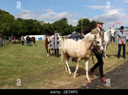 Ingliston, UK. 24th June, 2022. Competitors and their horses are pictured on the second day of the Royal Highland Show in Ingliston, near Edinburgh in Scotland, the United Kingdom, June 24, 2022. The 4-day Royal Highland Show celebrates its 200th anniversary of the first Show held in 1822. Credit: Han Yan/Xinhua/Alamy Live News Stock Photo