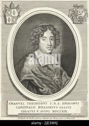 Portrait of Emmanuel Théodore de la Tour d'Auvergne Cardinal of Bouillon, Barend de Bailliu, 1668 - 1704, Portrait of Emmanuel Théodore de la Tour d'Auvergne Cardinal of Bouillon in oval frame with two coats of arms. He acquired the office of cardinal on August 5, 1669 according to the inscription., print maker: Barend de Bailliu, (mentioned on object), Barend de Bailliu, Giovanni Giacomo de'Rossi, (mentioned on object), Rome, 1668 - 1704, paper, engraving, h 200 mm × w 147 mm Stock Photo