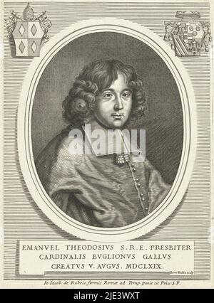 Portrait of Emmanuel Théodore de la Tour d'Auvergne cardinal of Bouillon, Barend de Bailliu, 1668 - 1704, Bust in oval frame with two coats of arms. He acquired the office of cardinal on August 5, 1669 according to the inscription., print maker: Barend de Bailliu, (mentioned on object), publisher: Giovanni Giacomo de'Rossi, (mentioned on object), Pauselijk hof, (mentioned on object), Rome, 1668 - 1704, paper, engraving, h 200 mm × w 147 mm Stock Photo