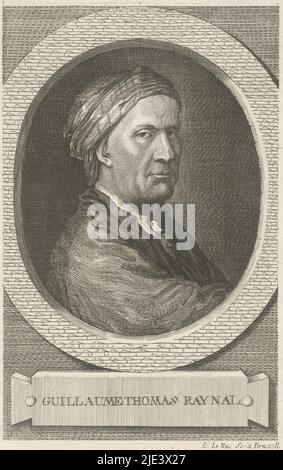 Portrait of Guillaume-Thomas François Raynal, J.F. De La Rue, 1711 - 1796, Portrait bust in oval to the right of the French writer Guillaume-Thomas François Raynal, with cloth around the head. Below the portrait is the name of the person portrayed., print maker: J.F. De La Rue, (mentioned on object), Brussels, 1711 - 1796, paper, engraving, h 180 mm × w 112 mm Stock Photo