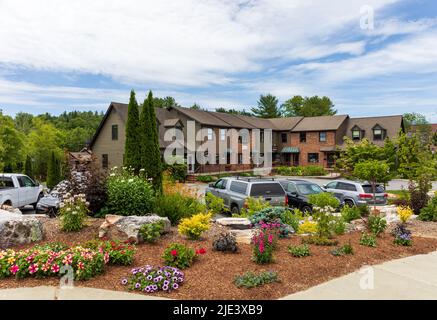 BLOWING ROCK, NC, USA-20 JUNE 2022: Cluster of businesses on US 321, with flowers in foreground. Stock Photo