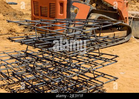 A steel reinforcement for reinforced concrete building is reinforced with rebar wires Stock Photo