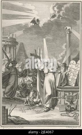 Allegory of the Faith, Caspar Jacobsz. Philips, after Pieter Wagenaar (II), 1781, The personification of the faith (Fides), holding a cross and a chalice, her foot on the papal tiara. Above her head a flame, symbol of divine inspiration, flares. A man points her to the tablets of the law. A monk wearing a mask spies her and smiles mockingly. In the background a sacrificial altar, a pyramid, a mosque and a church. A pagan wants to attack the true faith with a sword., print maker: Caspar Jacobsz. Philips, (mentioned on object), intermediary draughtsman: Pieter Wagenaar (II), (mentioned on object Stock Photo