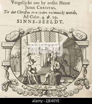 Adversity makes man look like Christ, Gaspar Bouttats, 1679, Page from a book (p. 185) with text on verso. In an oval cartouche the interior of a mint. In the foreground two men are minting coins. In the background, a mint is firing a plate. Above the cartouche the title (motto) of the print and a quotation from the Bible (Galatians 4:19). Below the print a caption: 'Den slagh maect rijck, en oock gelijck' and a description explaining the print. Adversity is here compared to the minting process. The coins are heated and struck so that each coin is equal. Comparatively, adversity is a method of Stock Photo