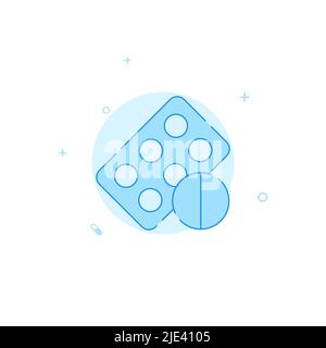 Pill packaging vector icon. Flat illustration. Filled line style. Blue monochrome design. Editable stroke. Adjust line weight. Stock Vector