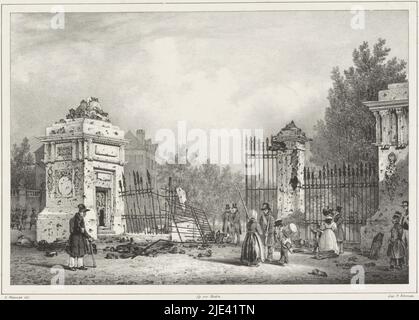 Destroyed entrance gate to the park, 1830, Gustave Adolphe Simonau, after Jean Baptiste Madou, 1830 - 1831, The destroyed entrance gate to the Warande Park at Brussels, after the battles 23-26 September 1830. Part of a series of six plates of the fighting in Brussels in September., print maker: Gustave Adolphe Simonau, (mentioned on object), intermediary draughtsman: Jean Baptiste Madou, (mentioned on object), publisher: Pierre Simonau, (mentioned on object), Brussels, 1830 - 1831, paper, h 280 mm × w 374 mm Stock Photo