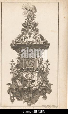 Pulpit with evangelist symbols, Johann Bernhard Hattinger, after Christian Friedrich Rudolph, 1724 - 1748, A pulpit with rocaiiles and garlands. In front of the bowl are the four evangelist symbols. At the top a dove in halo symbolizing the Holy Spirit and cherubs ., print maker: Johann Bernhard Hattinger, (mentioned on object), Christian Friedrich Rudolph, (mentioned on object), publisher: erven Jeremias Wolf, (mentioned on object), Augsburg, 1724 - 1748, paper, engraving, h 403 mm × w 225 mm Stock Photo