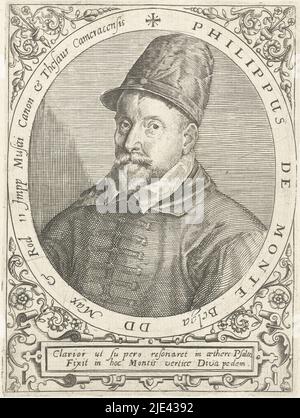 Portrait of Philippe de Monte, Theodor de Bry, after Jean Jacques Boissard, c. 1597 - c. 1599, Portrait of the composer Philippe de Monte, in oval with edge lettering. Below the portrait a poem of praise., print maker: Theodor de Bry, print maker: Johann Theodor de Bry, Jean Jacques Boissard, (possibly), Frankfurt am Main, c. 1597 - c. 1599, paper, engraving, letterpress printing, h 140 mm × w 100 mm Stock Photo