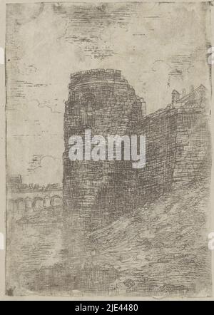 Maaspunt tower in the city wall of Maastricht, Alexander Schaepkens, 1830 - 1899, Maaspunt tower in the city wall of Maastricht. To the right roofs of the Société Céramique pottery factory, to the left the Maas bridge and the left bank of the Maas., print maker: Alexander Schaepkens, 1830 - 1899, paper, etching, h 180 mm × w 140 mm Stock Photo