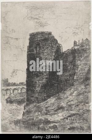 Maaspunt tower in the city wall of Maastricht, Alexander Schaepkens, 1830 - 1899, Maaspunt tower in the city wall of Maastricht. To the right roofs of the Société Céramique pottery factory, to the left the Maas bridge and the left bank of the Maas., print maker: Alexander Schaepkens, 1830 - 1899, paper, etching, h 155 mm × w 107 mm Stock Photo