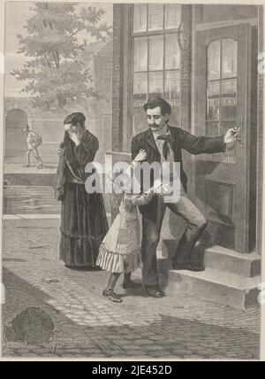 Ach father - no more!, Johannes Walter, after Johan Braakensiek, 1849 - 1878, A girl tries to stop her father who is about to enter a café. On the left, a woman stands with her face in a cloth crying., print maker: Johannes Walter, (mentioned on object), Johan Braakensiek, (mentioned on object), printer: N. V. Roeloffzen & Hübner, (mentioned on object), print maker: Netherlands, printer: Amsterdam, publisher: Amsterdam, 1849 - 1878, paper, h 555  × w 411 Stock Photo