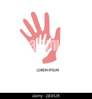 Hand inside hand logo, charity icon. Symbol help fund. Pink symbol two hands. Vector flat illustration, logotype Stock Vector