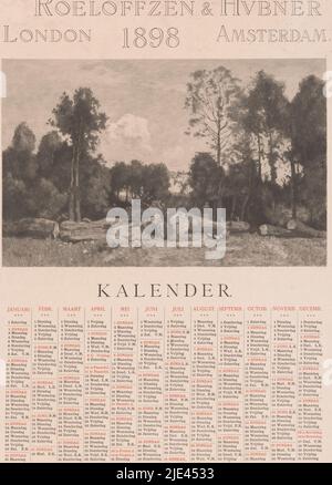 Calendar for the year 1898 by Roeloffzen &amp; Hübner, Théophile de Bock, 1897, A landscape with trees and lying, sawed-off tree trunks. Behind one of the tree trunks a standing figure, seen from behind. Below the print the 1898 calendar, listing the birthdays of Queen Mother Emma and Queen Wilhelmina., print maker: Théophile de Bock, (mentioned on object), printer: N. V. Roeloffzen & Hübner, 1897, paper, etching, h 195 mm × w 305 mm Stock Photo