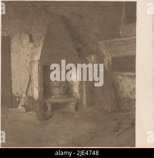 Peasant woman standing by a fireplace, Emanuel Samson van Beever, 1886 - 1912, The woman wears a headscarf. Leaning against the hearth is a broom., print maker: Emanuel Samson van Beever, 1886 - 1912, paper, etching, h 400 mm × w 348 mm Stock Photo