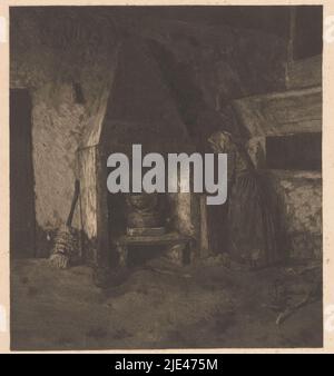 Peasant woman standing by a fireplace, Emanuel Samson van Beever, 1886 - 1912, The woman wears a headscarf. Leaning against the hearth is a broom., print maker: Emanuel Samson van Beever, 1886 - 1912, paper, etching, h 400 mm × w 348 mm Stock Photo