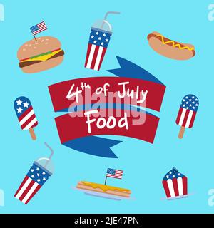 food collection with the theme of the 4th of july celebration like hotdog, hamburger, cupcakes, pancake, ice cream and soda Stock Vector