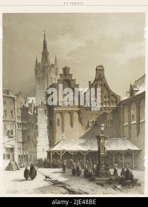 Square with market and water pump, Petrus Gerardus Vertin, 1847 - 1865, In a square, women sit and stand near a water pump. Behind them covered market stalls in front of two buildings with a bell and a stepped gable. Behind them a church tower. After a painting by Petrus Gerardus Vertin., print maker: Petrus Gerardus Vertin, (mentioned on object), Petrus Gerardus Vertin, (mentioned on object), printer: Koninklijke Nederlandse Steendrukkerij van C.W. Mieling, (mentioned on object), The Hague, 1847 - 1865, paper, h 532 mm - w 351 mm Stock Photo