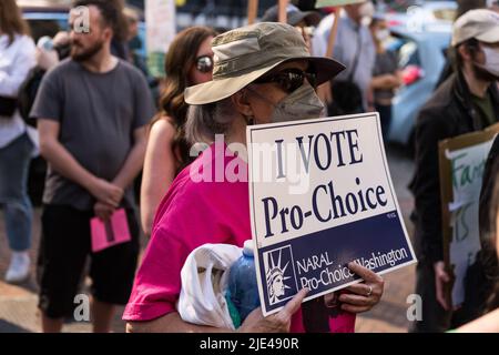 Seattle, USA. 24th Jun, 2022. Thousands of Pro Choice protestors flood downtown after the repeal of Roe V. Wade. Stock Photo